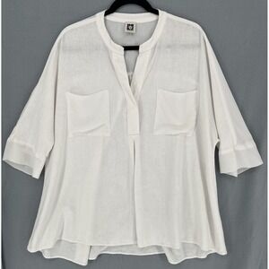 Anne Klein Linen Chiffon Sheer White Top Tunic Blouse Beachy Coastal Oversized L